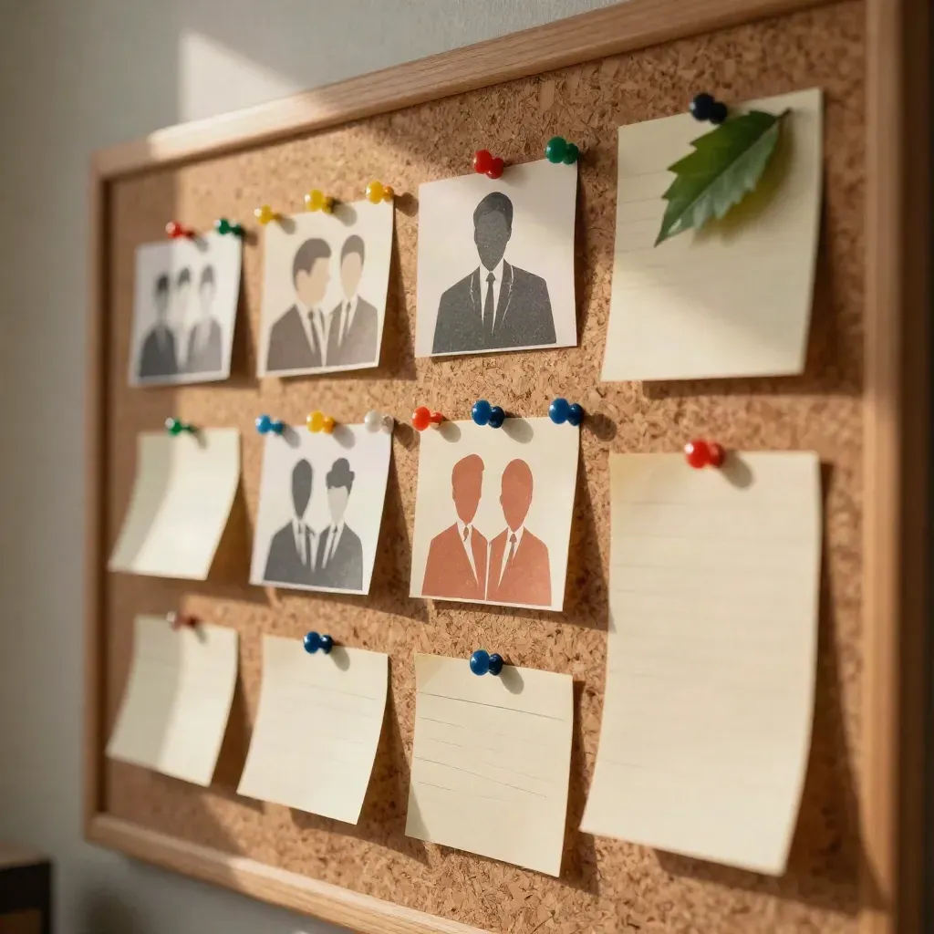 Overhead cork board with abstract magnets and folded notes in a campaign office