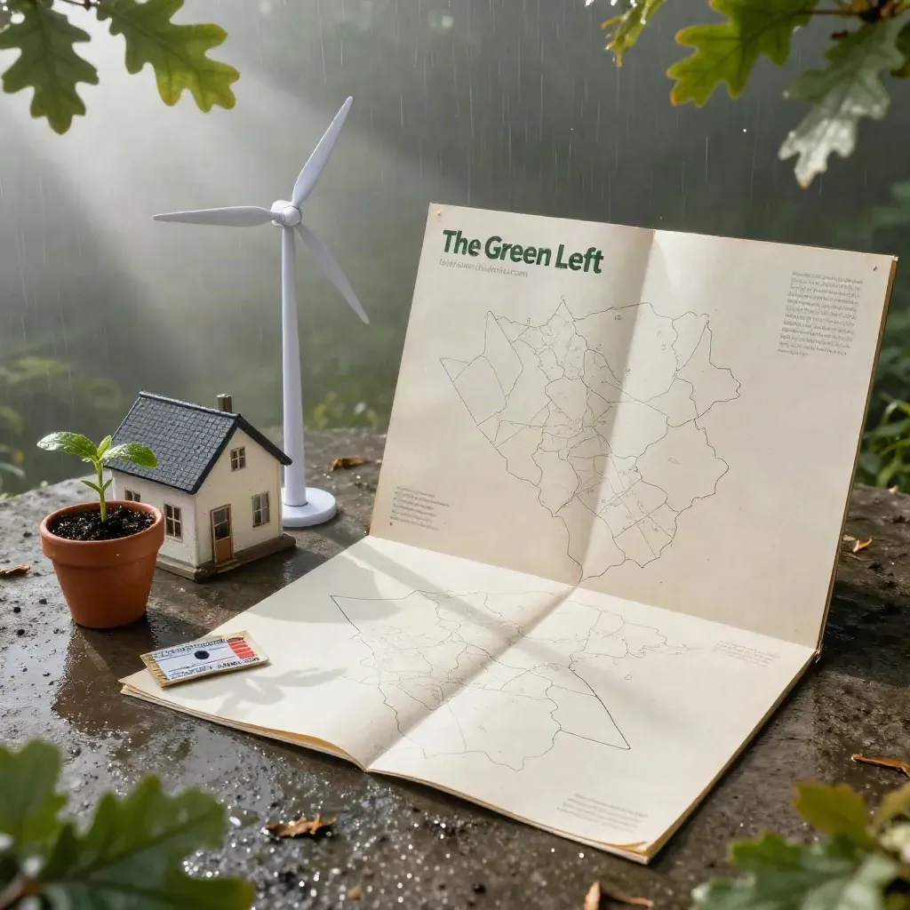 Rain-soaked campaign table with map board, house model, wind turbine, transit token, and seedling.