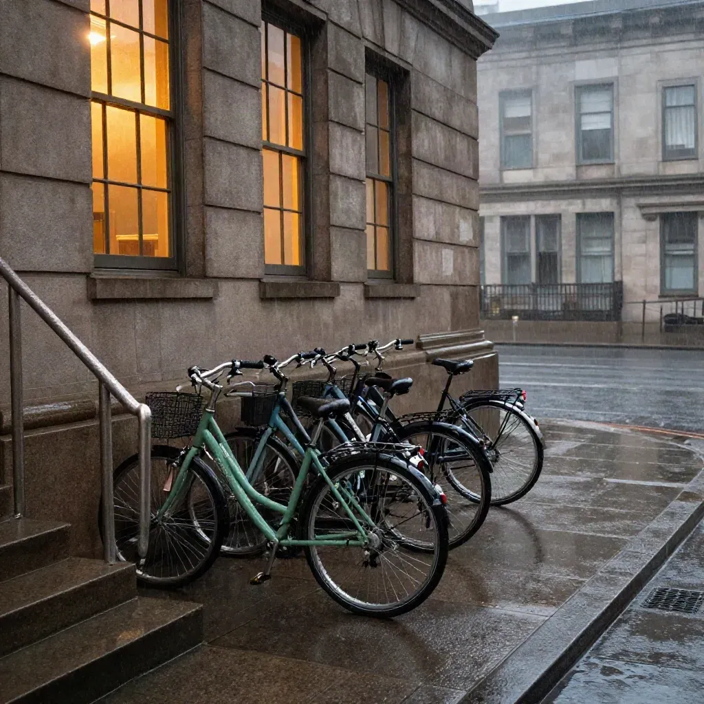 Rainy council chamber exterior with parked bikes and glowing windows at dusk