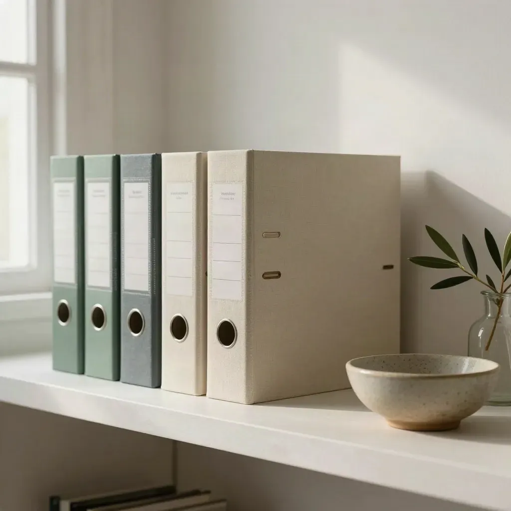 Blank policy binders with tabs, ceramic bowl, and olive branch on a shelf